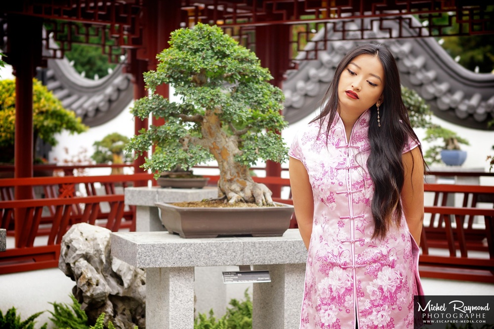 chinoise-pose-a-coté-d'un-bonzai-au-jardin-de-chine-de-montréal