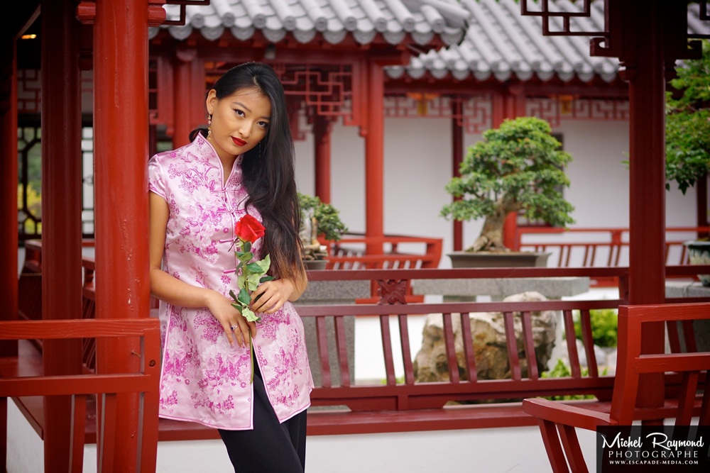 modèle-chinoise-avec-rose-rouge-au-jardin-de-chine