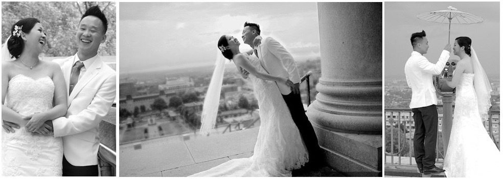 Séance photo de mariage vietnamien en noir et blanc à L'Oratoire Saint-Joseph